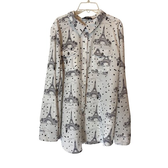 Karl Lagerfeld Paris Eiffel Tower Print Long Sleeve Button-Up Shirt Blouse XL - Picture 1 of 10